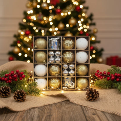 Premium Christmas Ornament Ball Set - Gold, Silver & White Balls Collection with Decorative Drum
