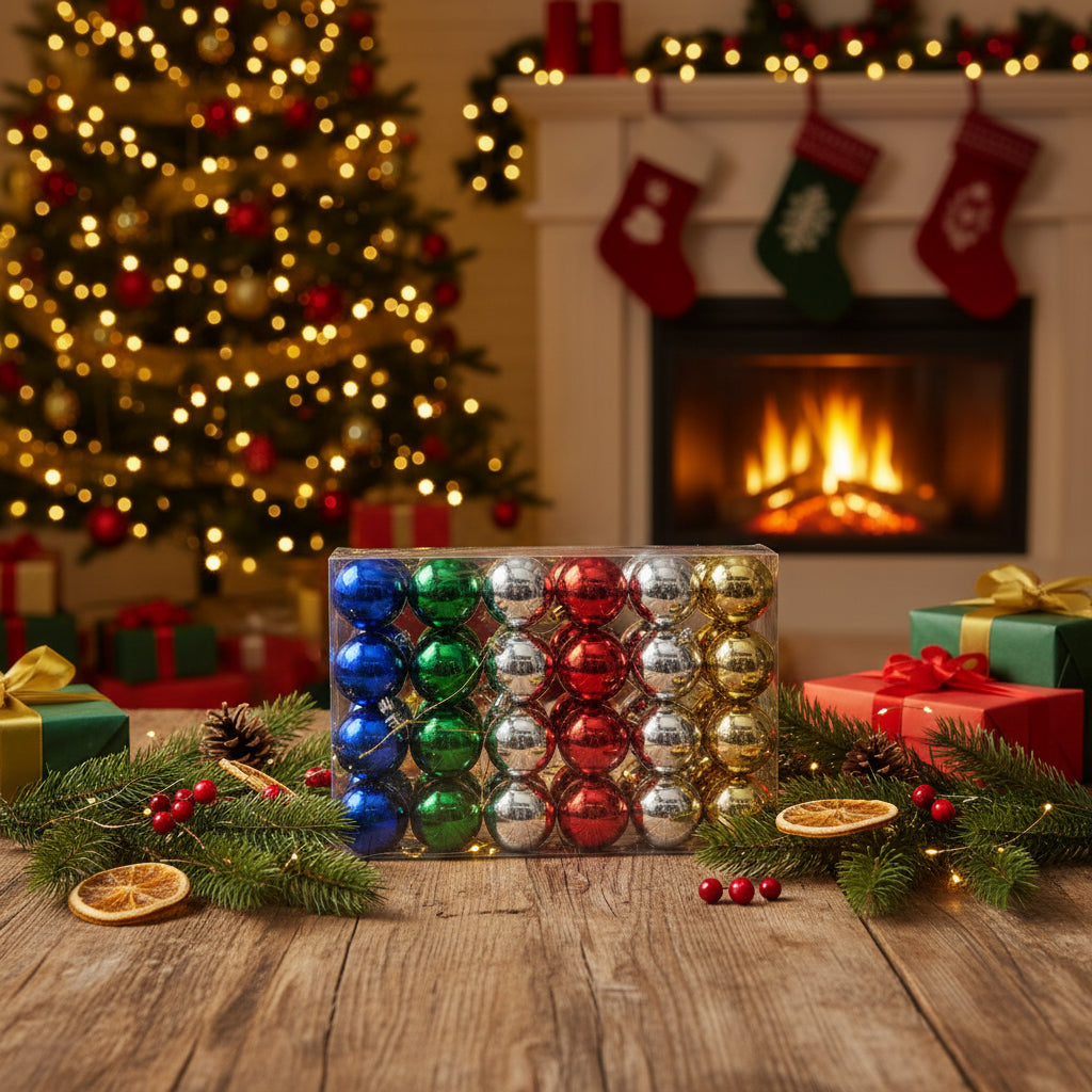 Christmas Ball Ornaments Set - Multi Color Metallic Collection (Blue, Green, Silver, Red & Gold)