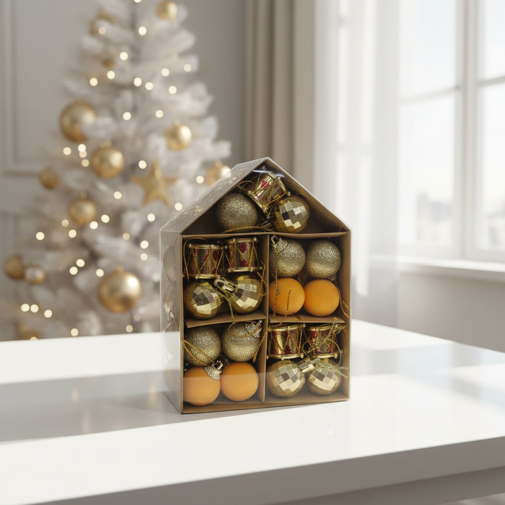 Decorative Christmas Hanging Ornaments - Orange And Gold Baubles & Mini Drums