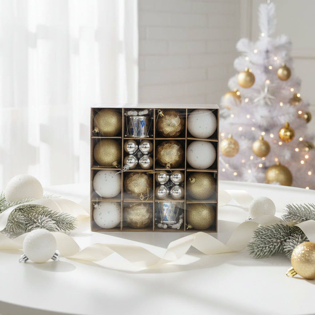 Premium Christmas Ornament Ball Set - Gold, Silver & White Balls Collection with Decorative Drum