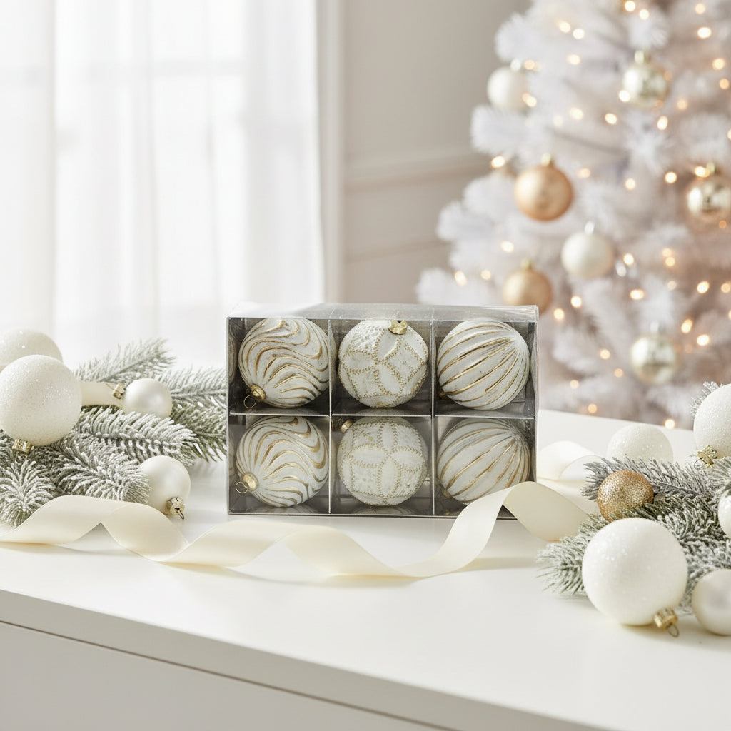 Elegant White and Gold Christmas Ball Ornaments Set - Textured Designer Collection