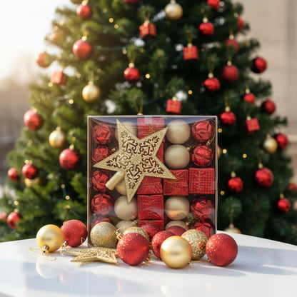 Red & Gold Christmas Ornament Set - Premium Holiday Decoration Collection with Tree Topper Star