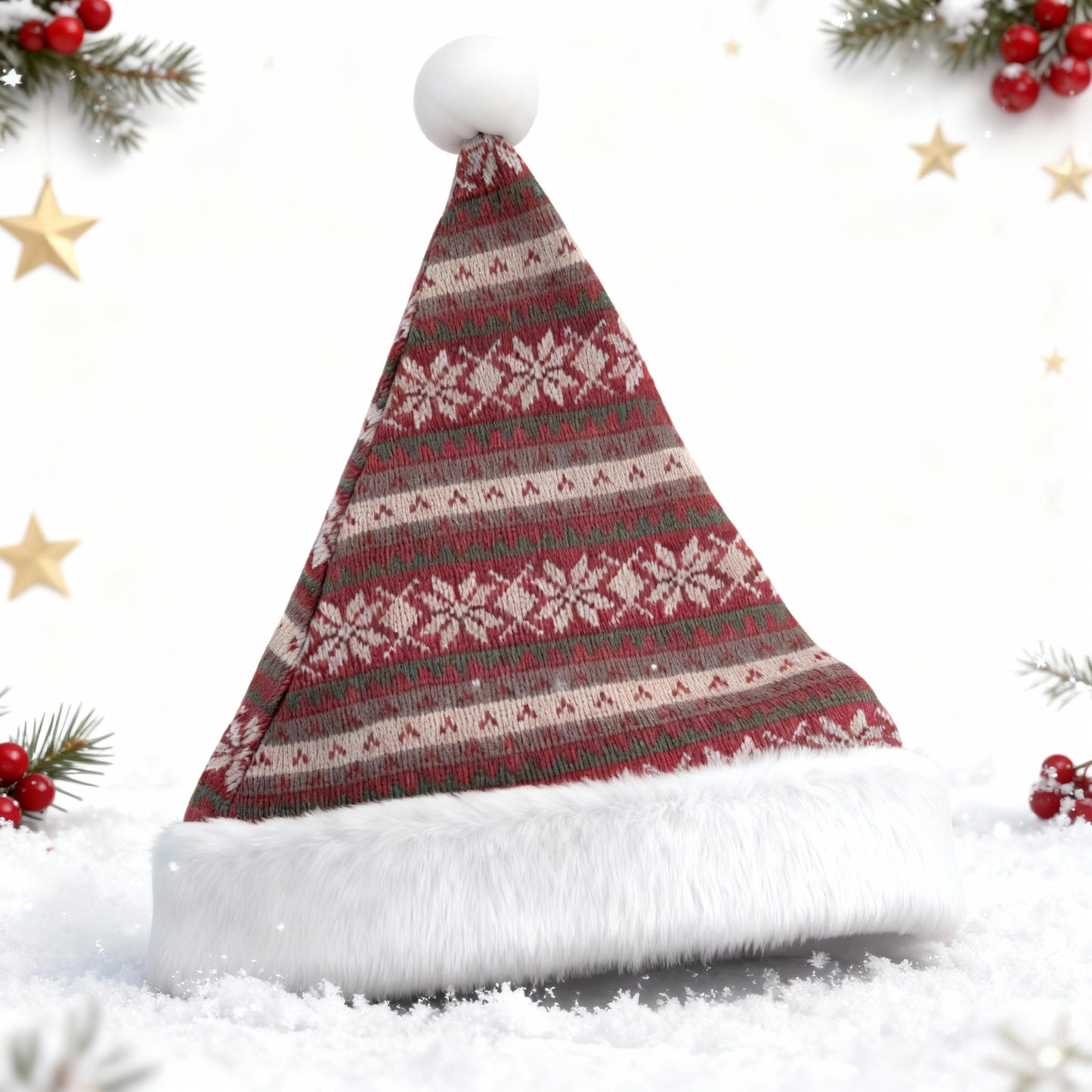 Red and White Nordic Striped Santa Hat With Pom Pom