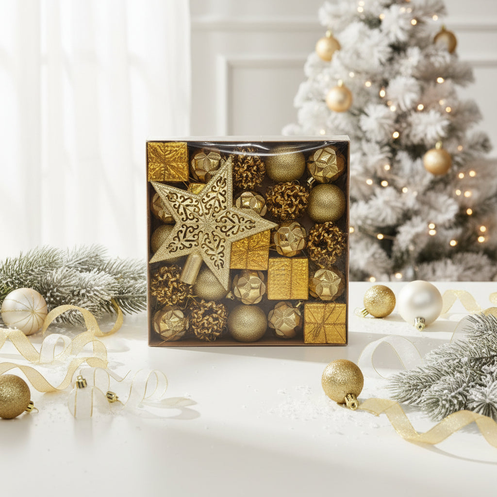 Gold Christmas Ornament Set - Premium Holiday Decoration Collection with Tree Topper Star