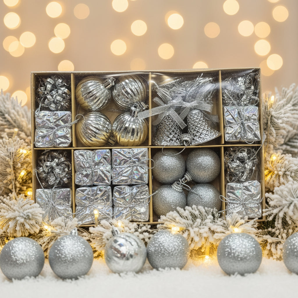 Deluxe Silver Christmas Ornament Collection - Mixed Shapes Set with Balls, Bells, Gift Boxes