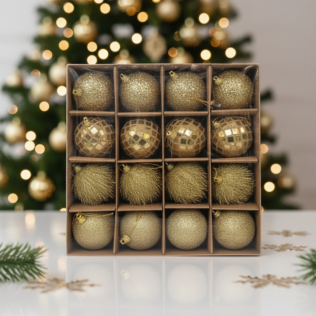 Gold Christmas Ornament Set - 16 Balls Premium Shatterproof Tree Decorations