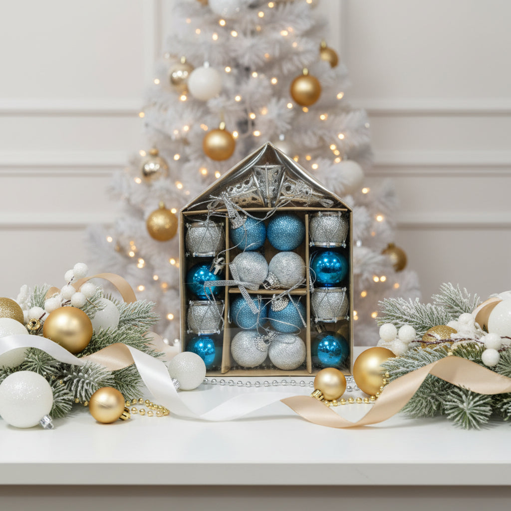 Premium Christmas Ornament Set - Blue & Silver Collection with Bells, Drums, and Baubles