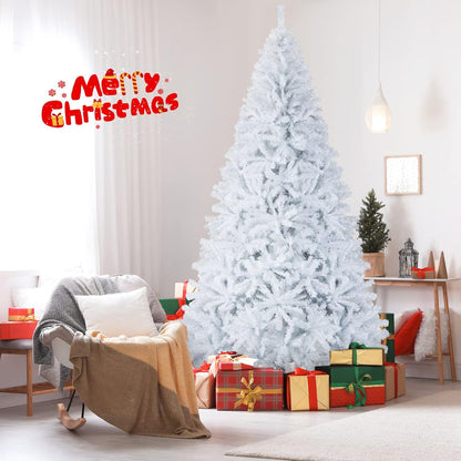 8ft White Christmas Tree, Artificial Hinged Christmas Tree, Folding Metal Stand, Indoor Outdoor Xmas Decoration Tree for Home Office Party, Easy Setup