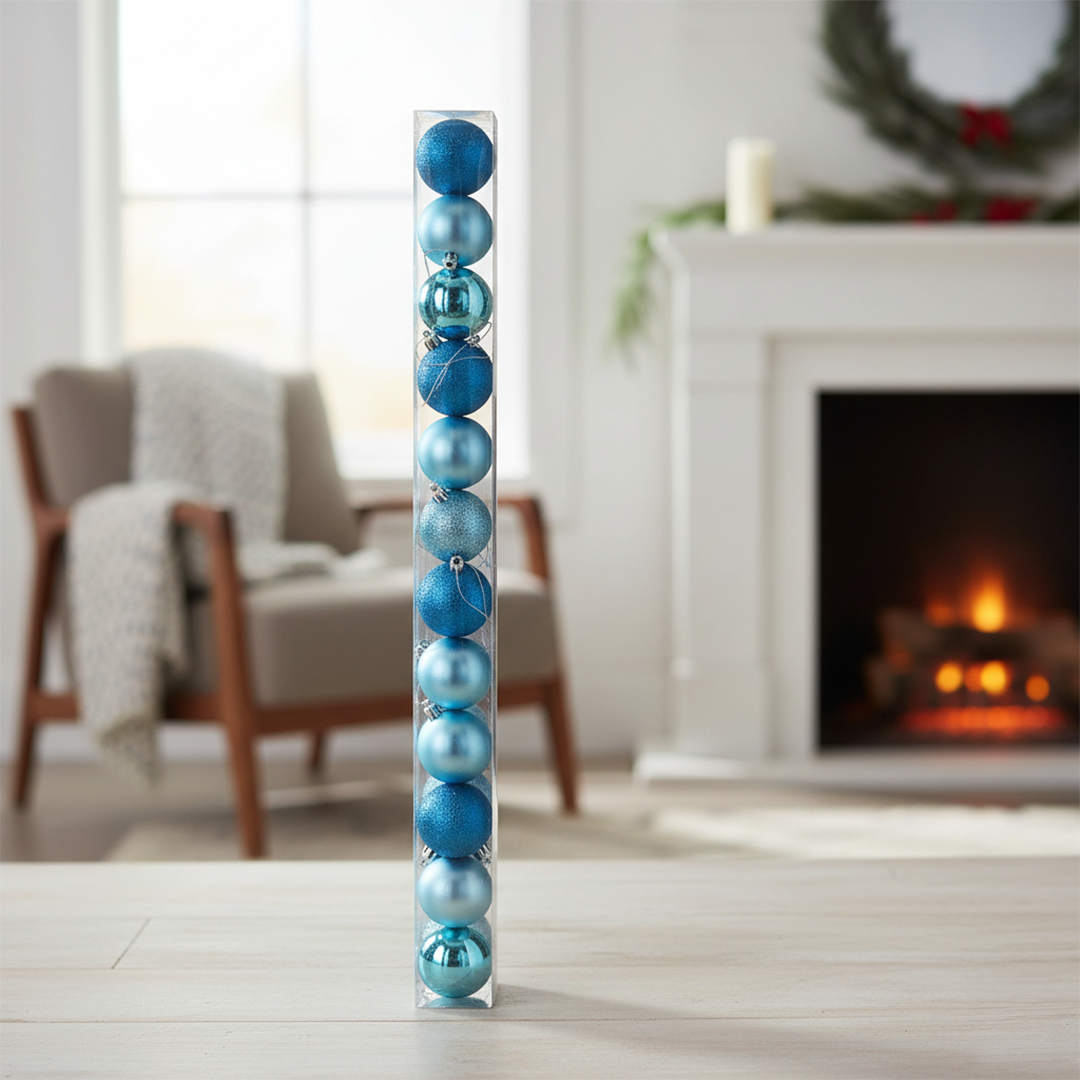 Blue Christmas Ornament Set – 12-Piece Shatterproof Baubles