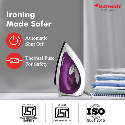 BUTTERFLY STAINLESS STEEL AND POLYPROPYLENE AEIES DRY IRON 1000 W, 1000 WATTS