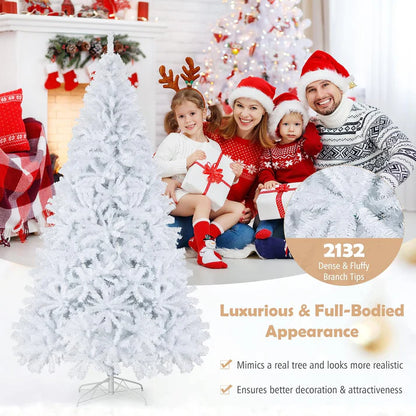 8ft White Christmas Tree, Artificial Hinged Christmas Tree, Folding Metal Stand, Indoor Outdoor Xmas Decoration Tree for Home Office Party, Easy Setup
