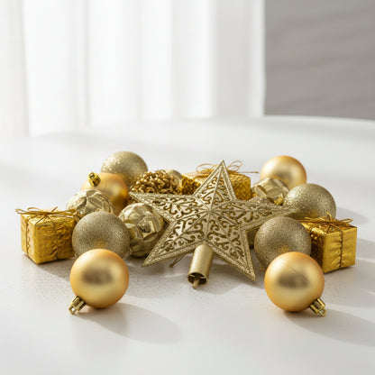 Gold Christmas Ornament Set - Premium Holiday Decoration Collection with Tree Topper Star
