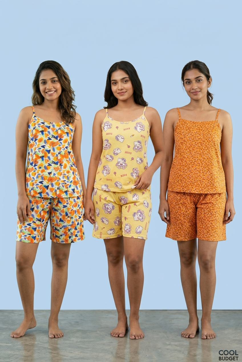 Cute Women's  Pijama Night Full Kit Set of Sleeveless Skinner Tops and Shorts With Fully Comfortable Fabric