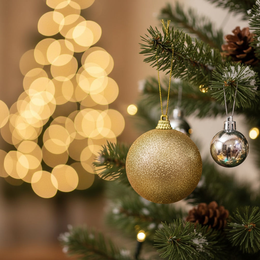 Premium Christmas Ornament Ball Set - Gold, Silver & White Balls Collection with Decorative Drum