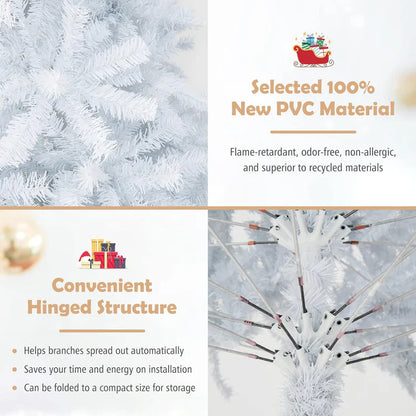 8ft White Christmas Tree, Artificial Hinged Christmas Tree, Folding Metal Stand, Indoor Outdoor Xmas Decoration Tree for Home Office Party, Easy Setup
