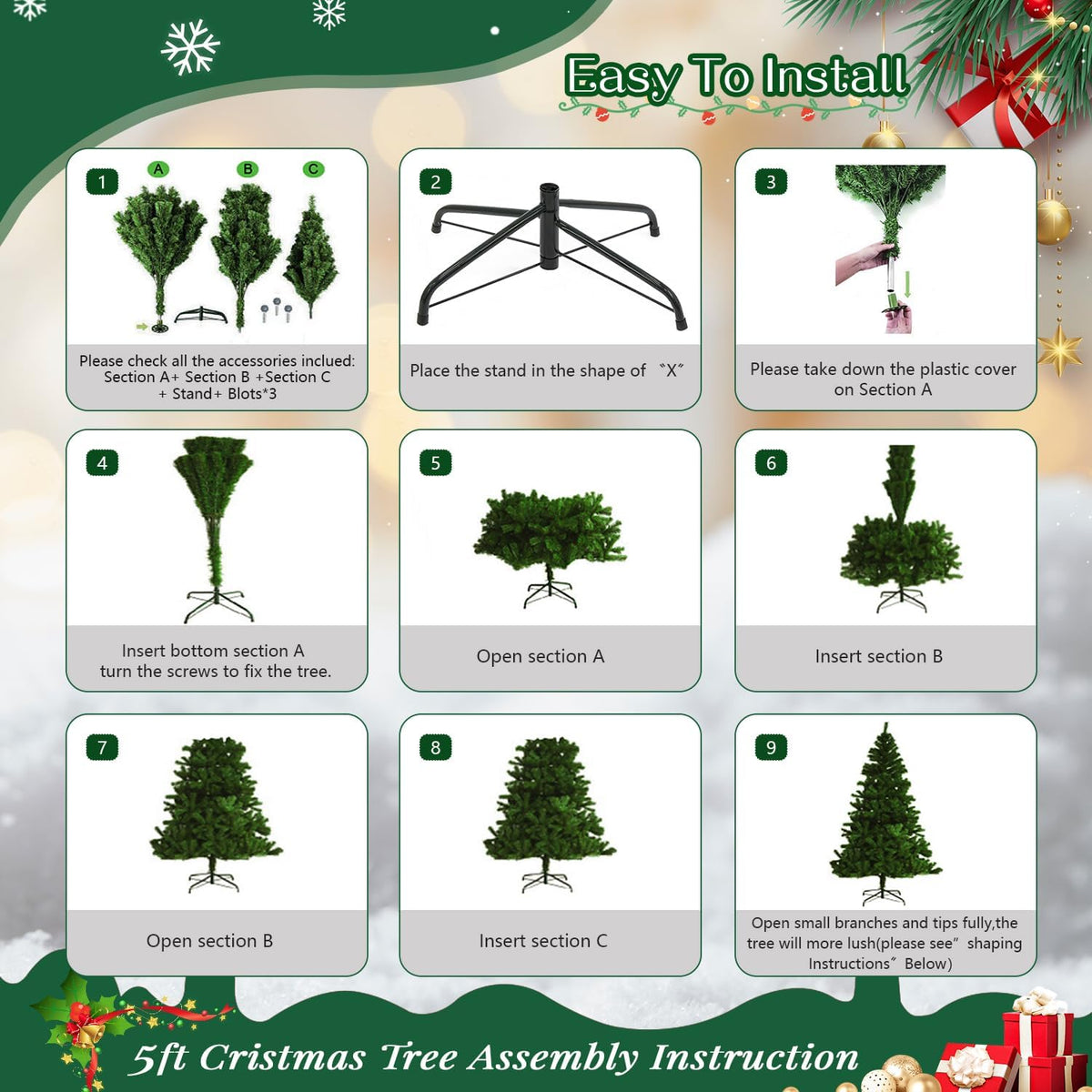 5ft Artificial Green Color Christmas Tree – Steel Stand - 8
