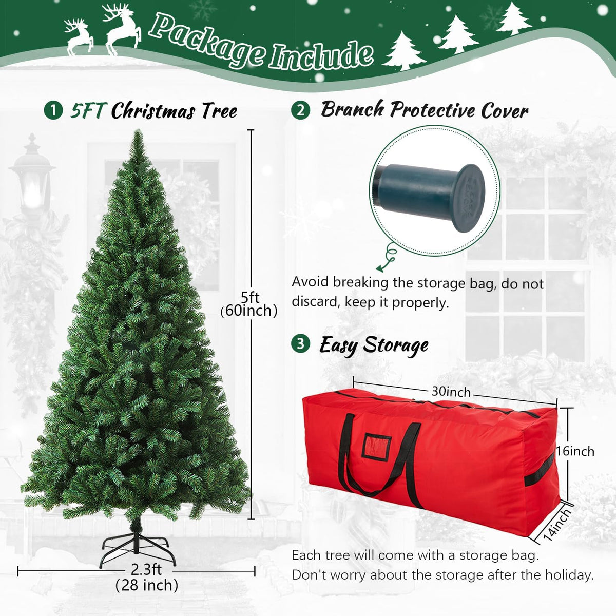 5ft Artificial Green Color Christmas Tree – Steel Stand - 9