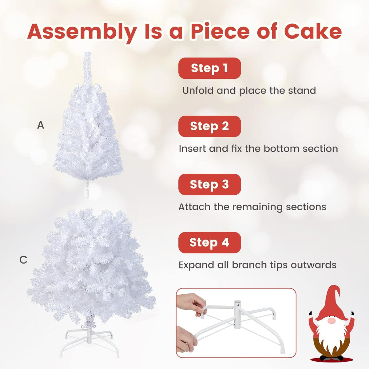5ft White Christmas Tree, Artificial Hinged Christmas Tree, Folding Metal Stand, Indoor Outdoor Xmas Decoration Tree for Home Office Party, Easy Setup - 5