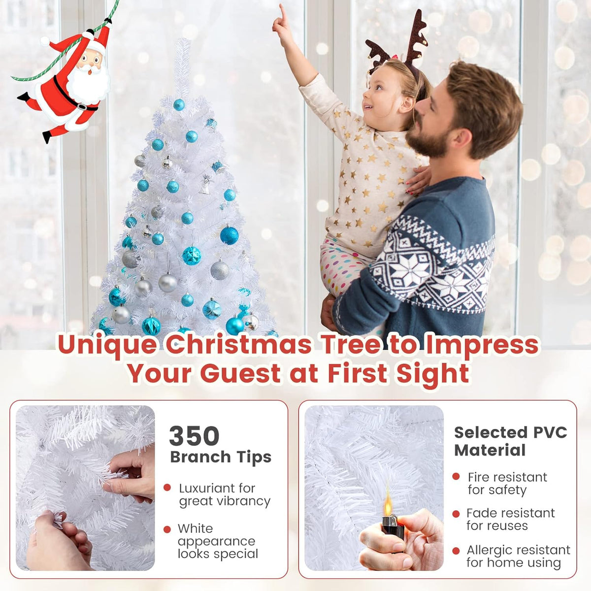 5ft White Christmas Tree, Artificial Hinged Christmas Tree, Folding Metal Stand, Indoor Outdoor Xmas Decoration Tree for Home Office Party, Easy Setup - 6
