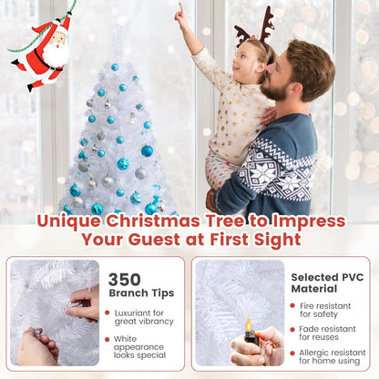5ft White Christmas Tree, Artificial Hinged Christmas Tree, Folding Metal Stand, Indoor Outdoor Xmas Decoration Tree for Home Office Party, Easy Setup - 6