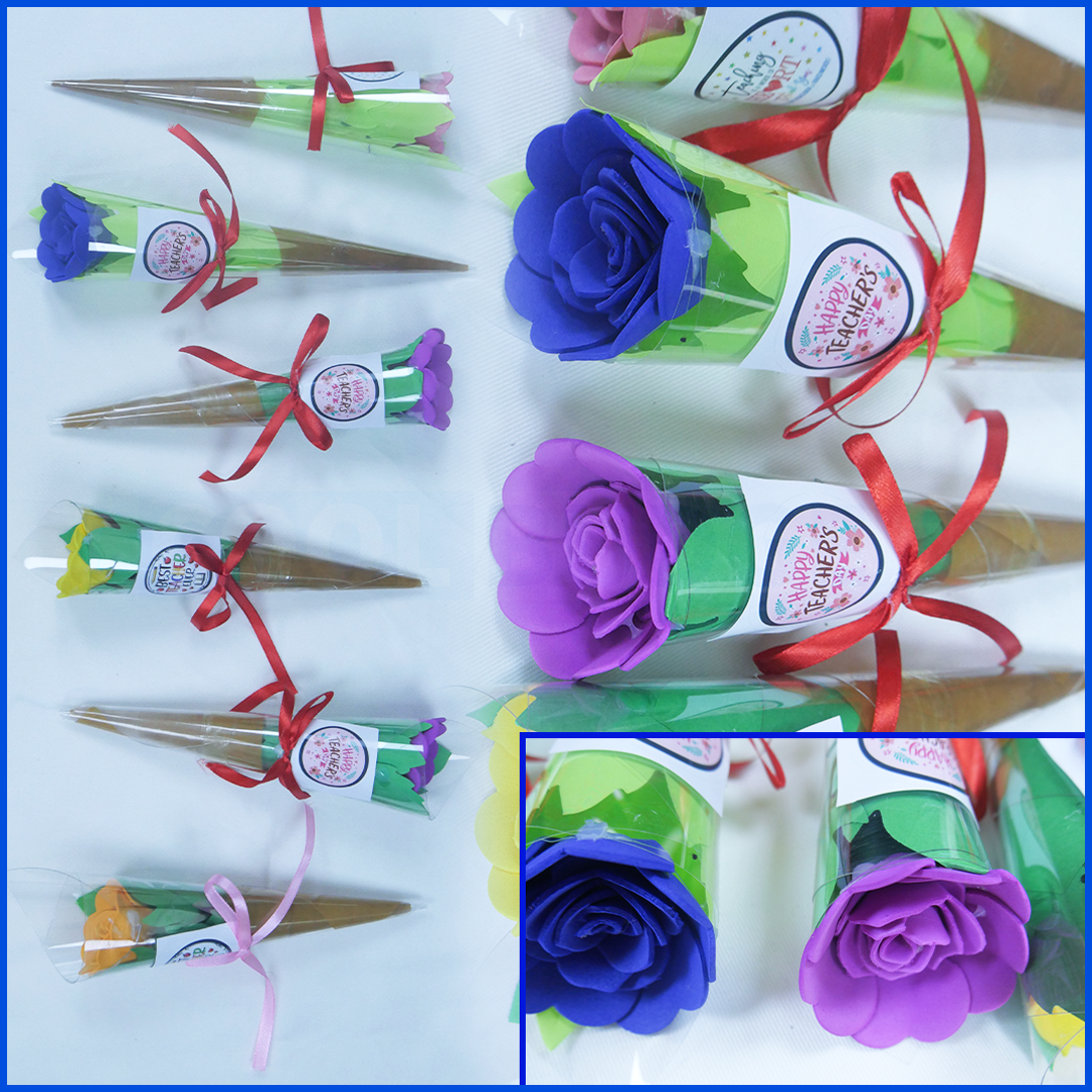 6 Pcs with Gifts Pack - Artificial Plastic Red Roses for Gifts With Pack Wrapping and Packing teachers day Gifts