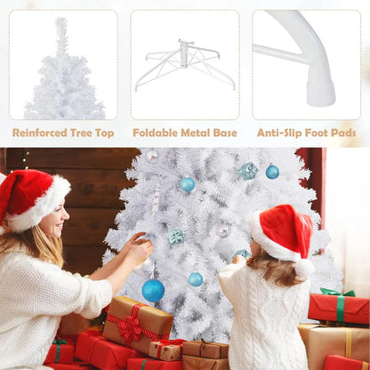 8ft White Christmas Tree, Artificial Hinged Christmas Tree, Folding Metal Stand, Indoor Outdoor Xmas Decoration Tree for Home Office Party, Easy Setup