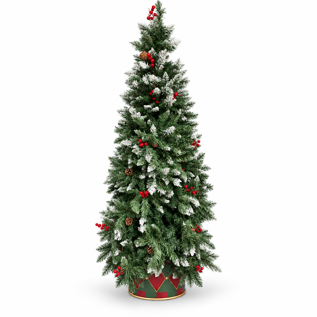 6ft Frosted Green Christmas Tree with Red Berries – front view on white background