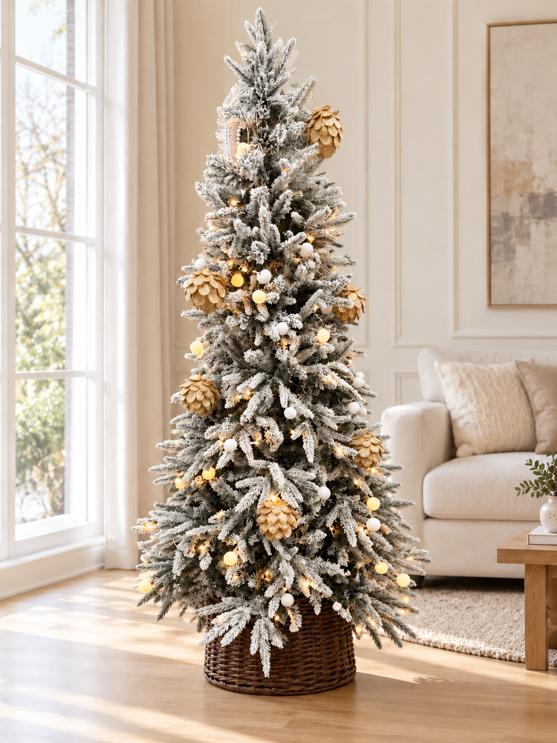 6ft Pre-Lit Snow-Flocked Christmas Tree with Warm LED Lights – styled in a bright cream living room