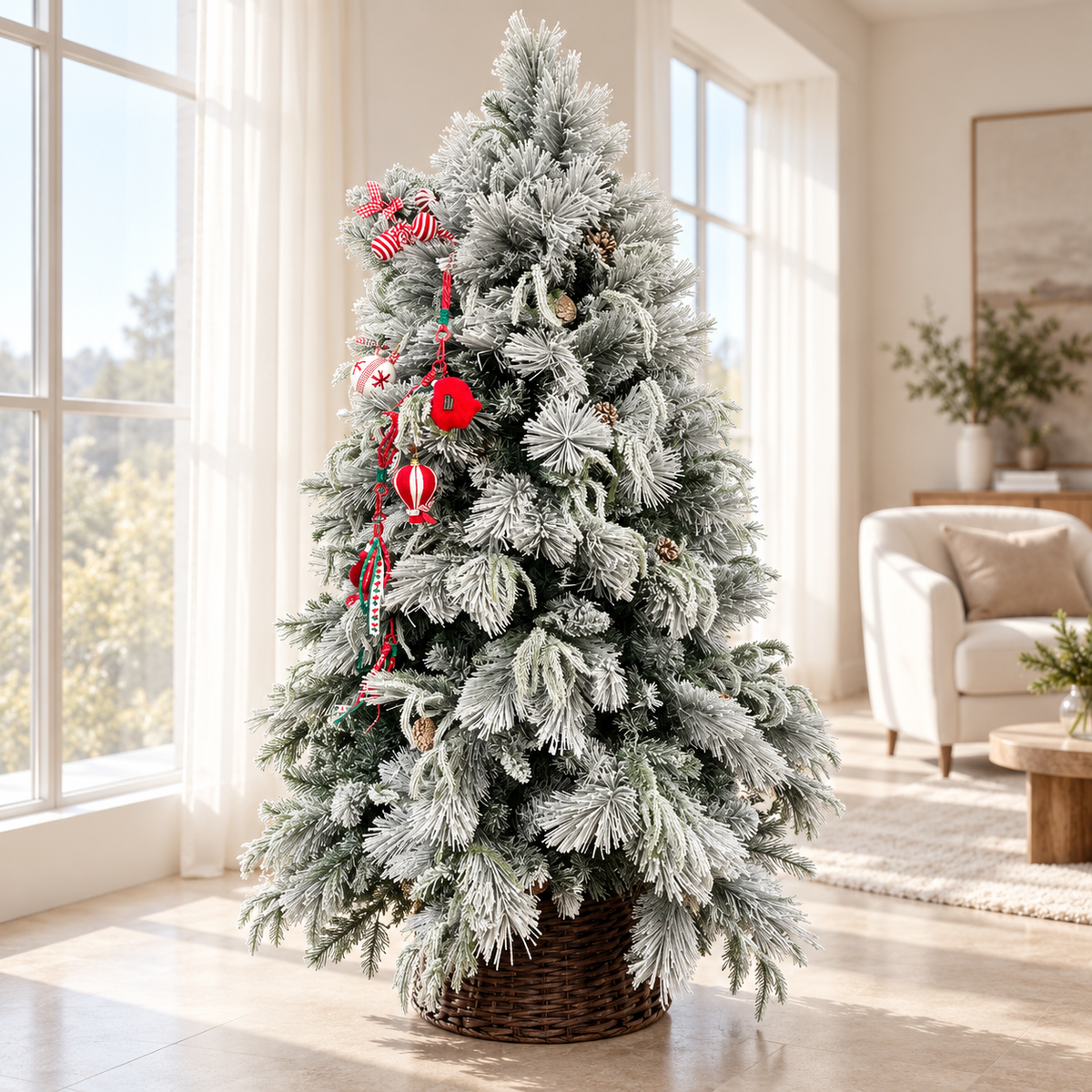 6ft Snow-Flocked Decorated Christmas Tree with Wicker Basket – additional product view 2