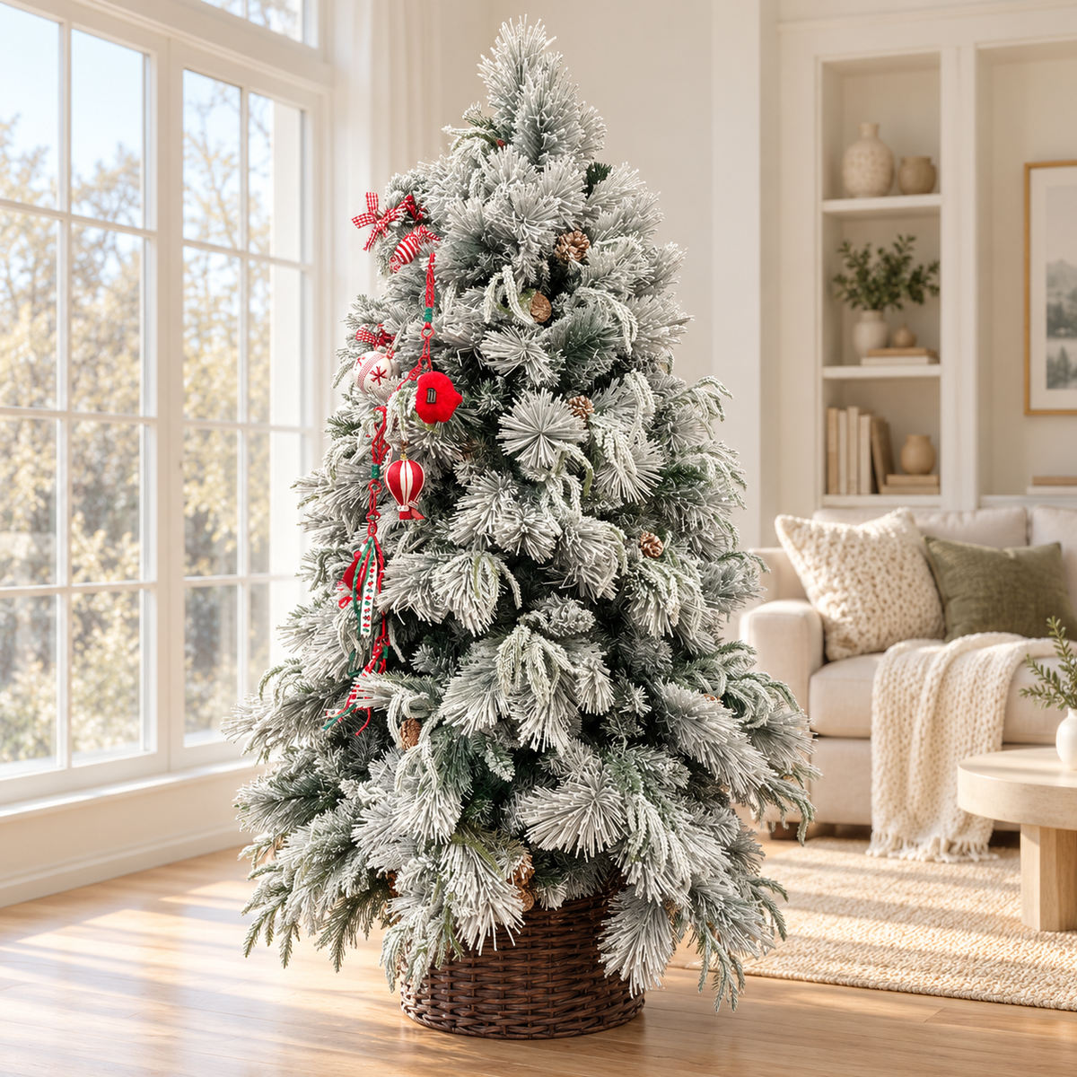 6ft Snow-Flocked Decorated Christmas Tree with Wicker Basket – additional product view 3