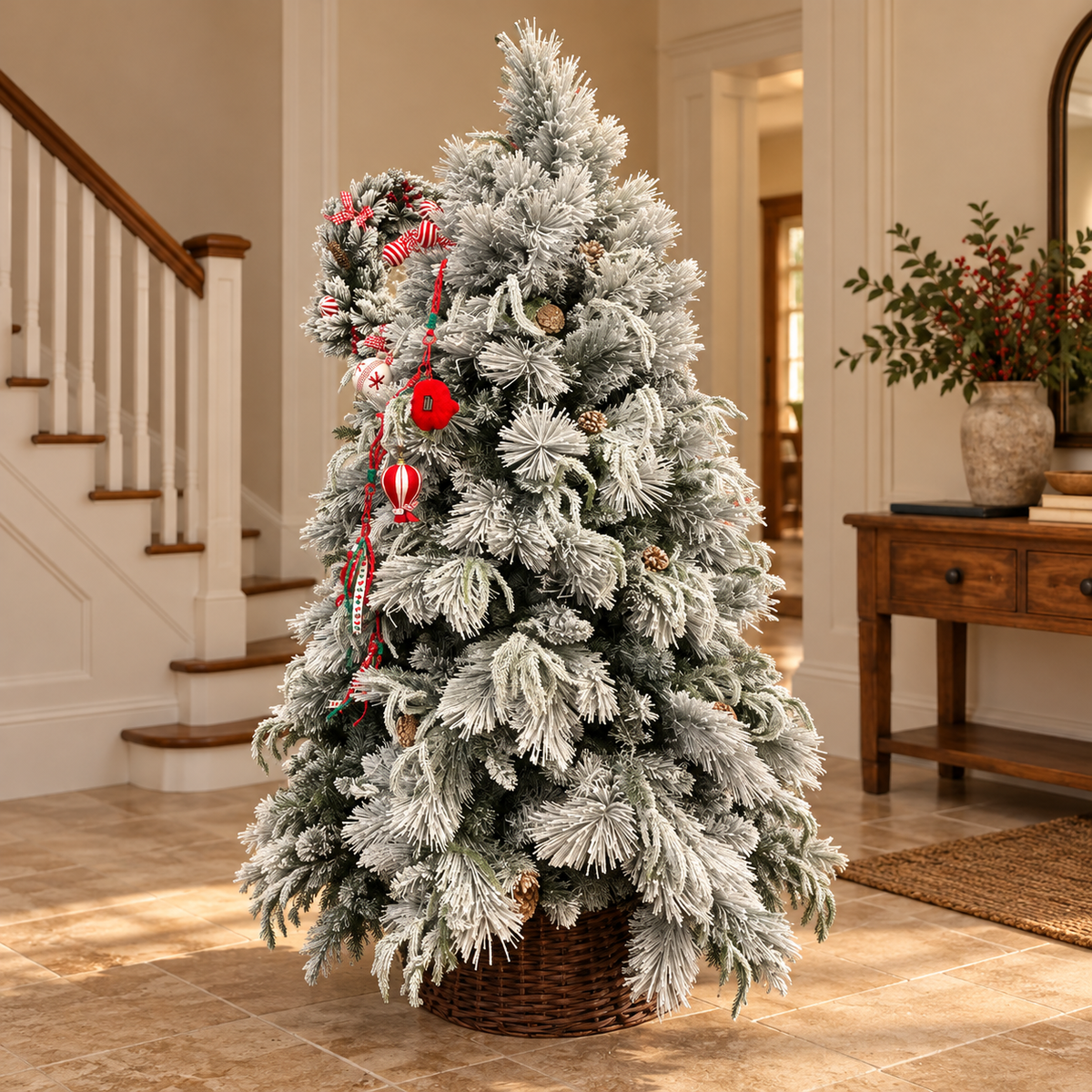 6ft Snow-Flocked Decorated Christmas Tree with Wicker Basket – additional product view 4