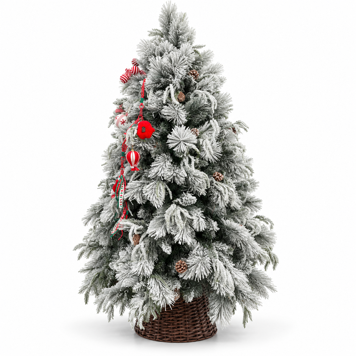 6ft Snow-Flocked Decorated Christmas Tree with Wicker Basket – front view on white background