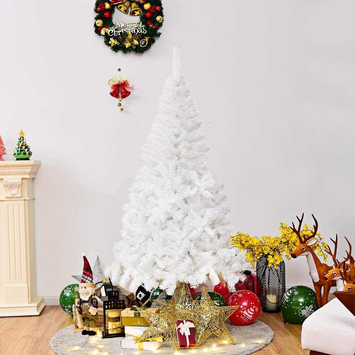 6ft White Christmas Tree, Artificial Hinged Christmas Tree, Folding Metal Stand, Indoor Outdoor Xmas Decoration Tree for Home Office Party, Easy Setup - 3