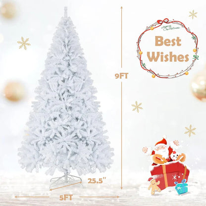8ft White Christmas Tree, Artificial Hinged Christmas Tree, Folding Metal Stand, Indoor Outdoor Xmas Decoration Tree for Home Office Party, Easy Setup