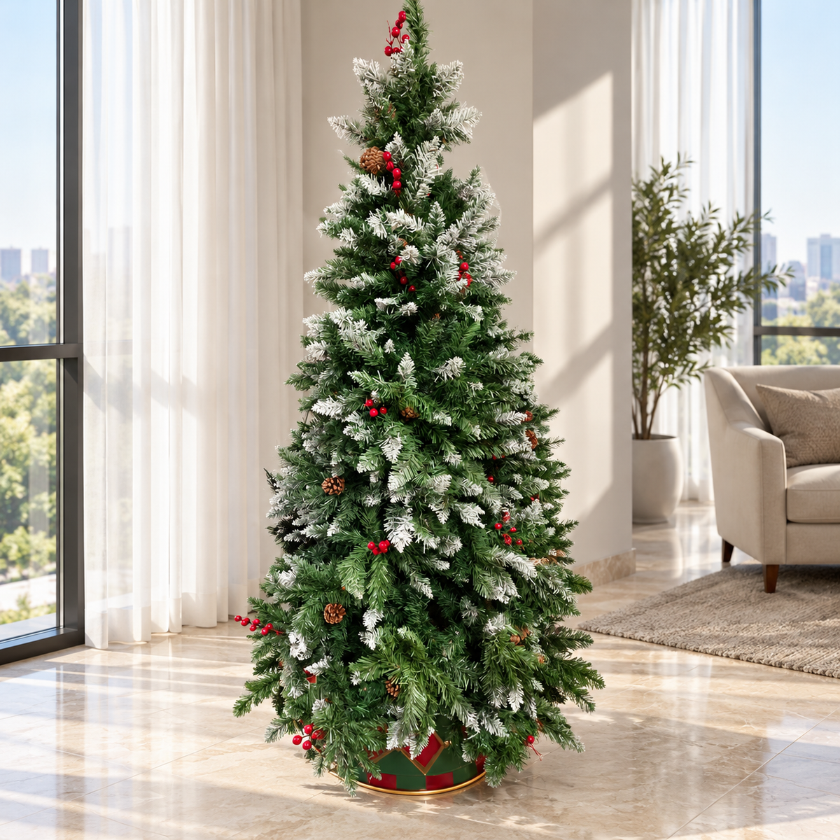 7ft Frosted Green Christmas Tree with Red Berries – additional product view 2