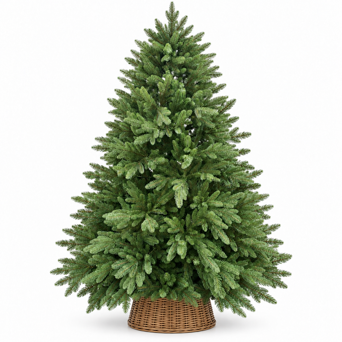 7ft Full Green Artificial Christmas Tree with Wicker Basket – front view on white background