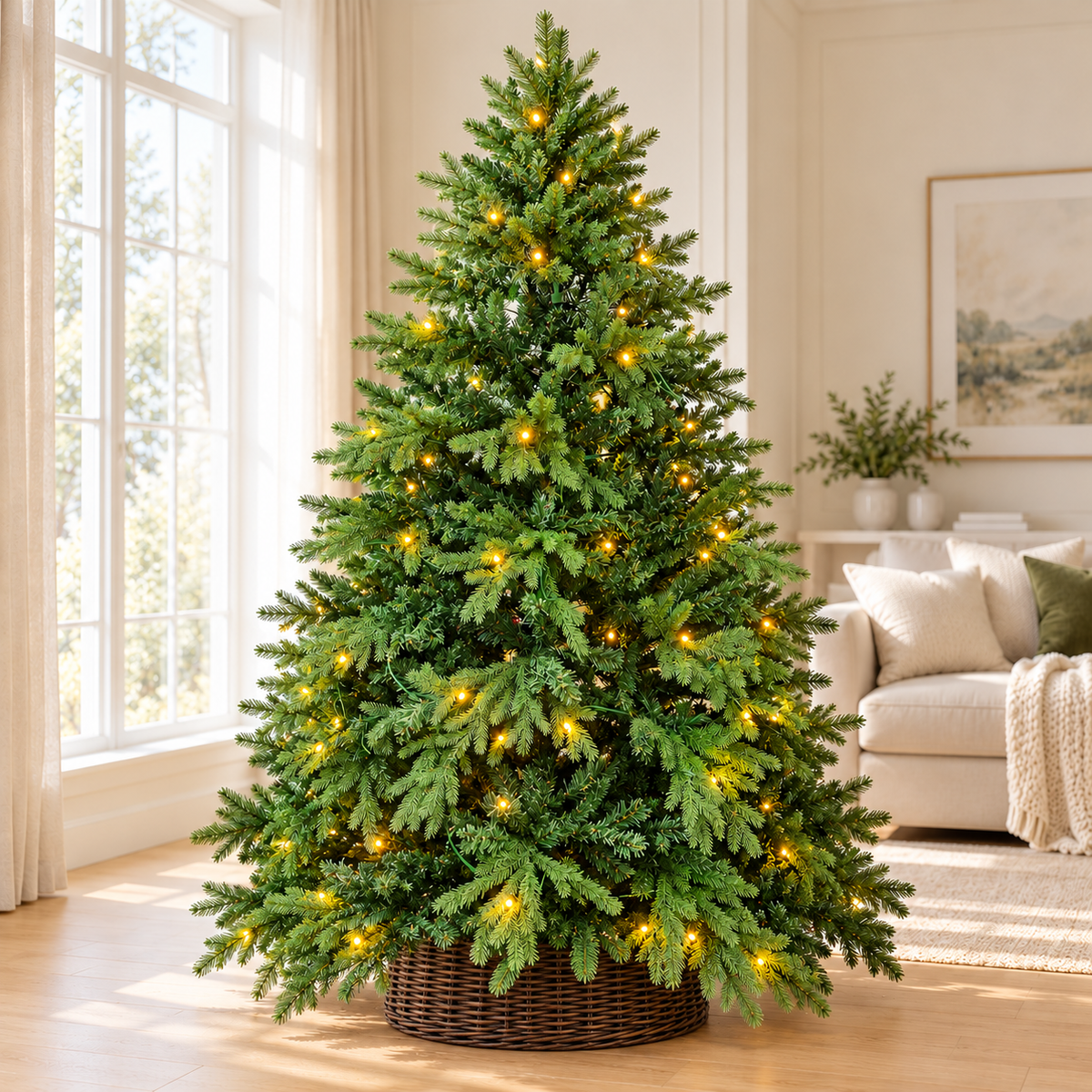 7ft Pre-Lit Green Christmas Tree with Warm LED Lights & Wicker Basket – additional product view 2