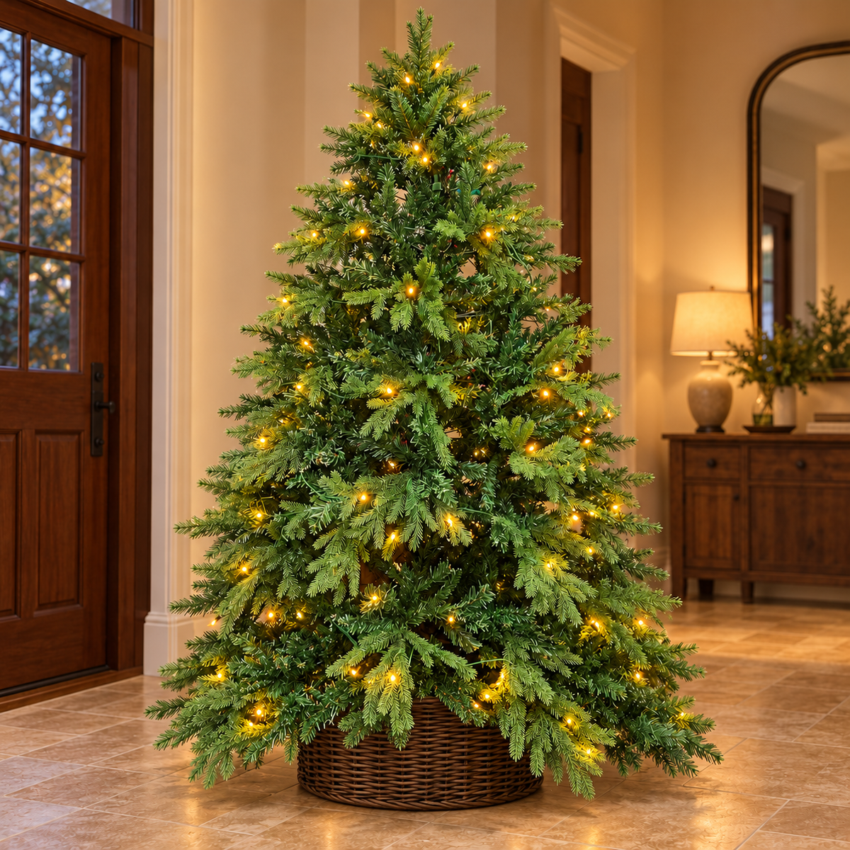 7ft Pre-Lit Green Christmas Tree with Warm LED Lights & Wicker Basket – additional product view 3