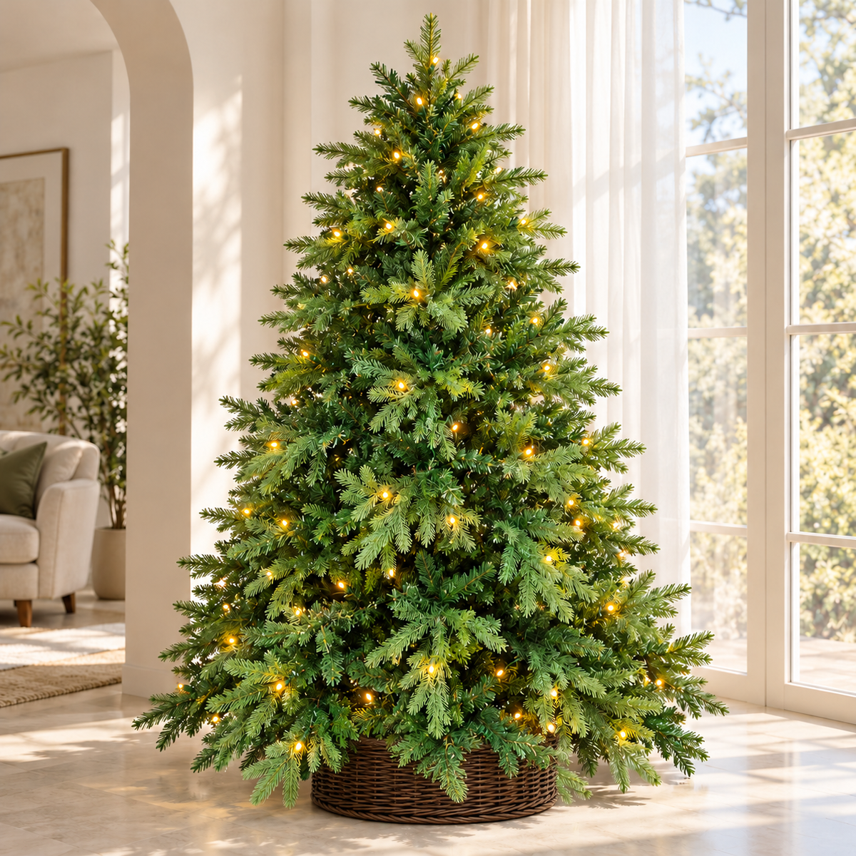 7ft Pre-Lit Green Christmas Tree with Warm LED Lights & Wicker Basket – additional product view 4