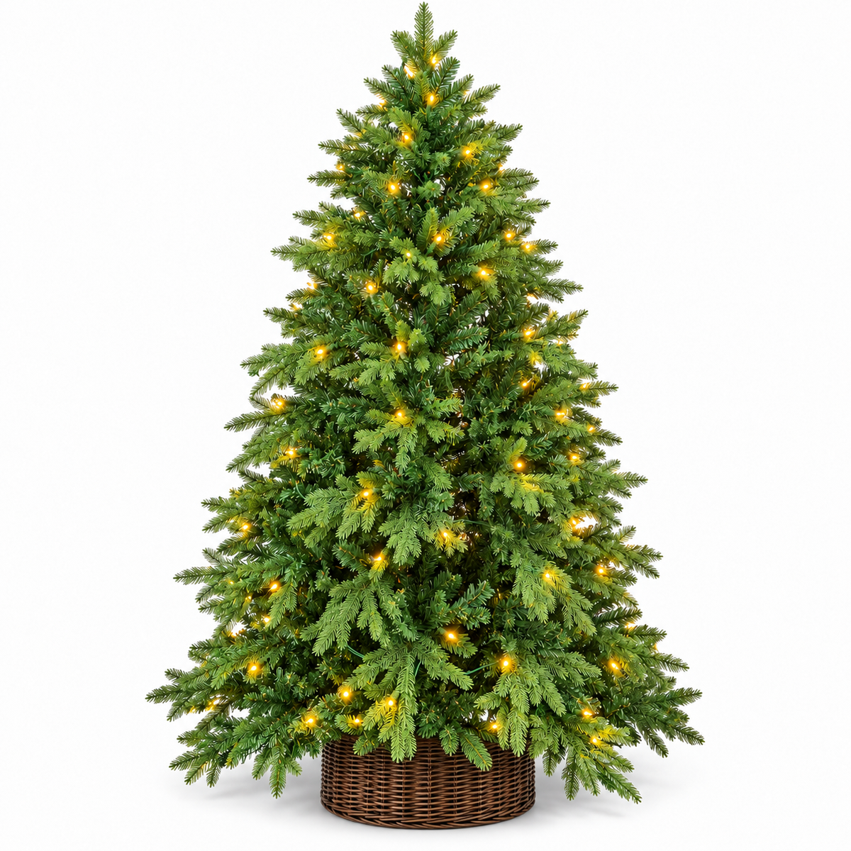 7ft Pre-Lit Green Christmas Tree with Warm LED Lights & Wicker Basket – front view on white background