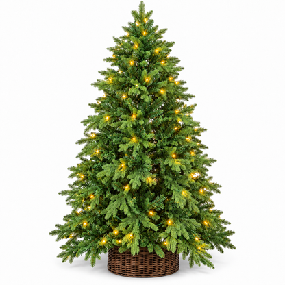 7ft Pre-Lit Green Christmas Tree with Warm LED Lights & Wicker Basket – front view on white background