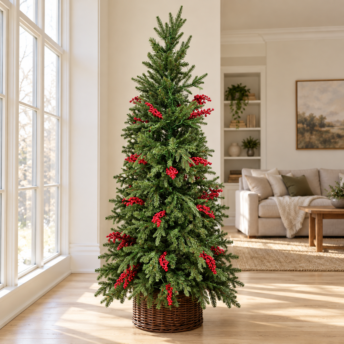 7ft Slim LED Christmas Tree with Red Berries & Wicker Basket – additional product view 2