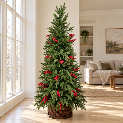 7ft Slim LED Christmas Tree with Red Berries & Wicker Basket – additional product view 2