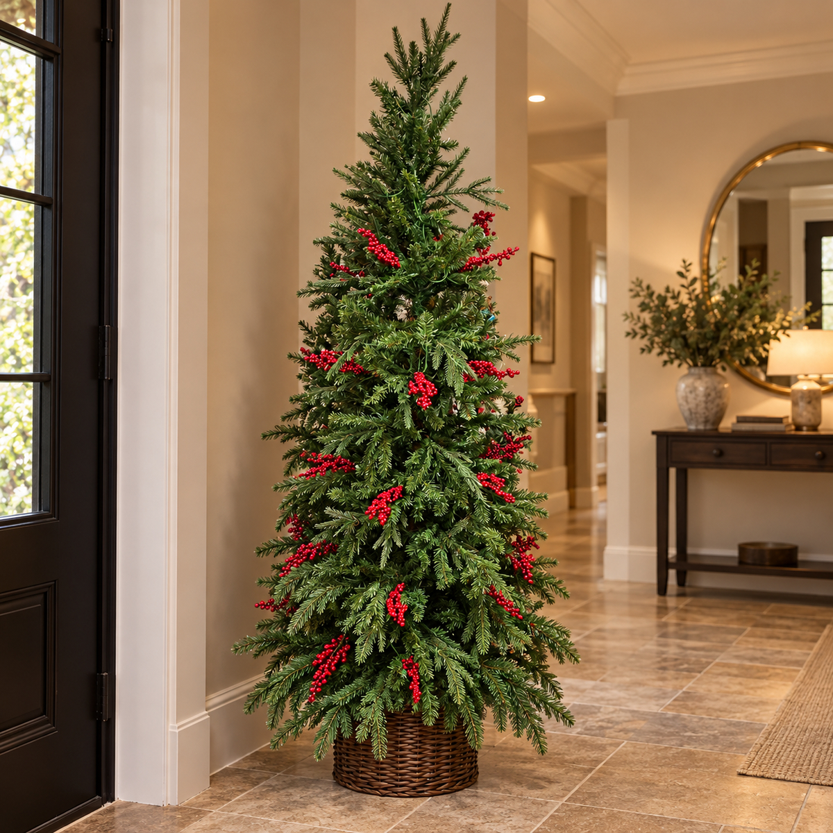7ft Slim LED Christmas Tree with Red Berries & Wicker Basket – additional product view 3