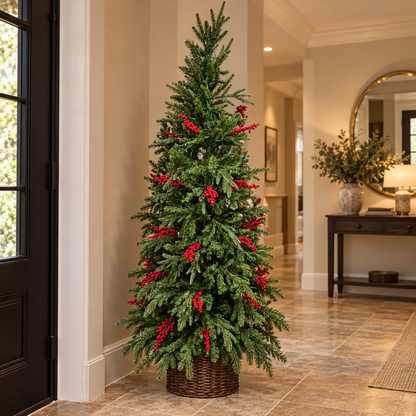 7ft Slim LED Christmas Tree with Red Berries & Wicker Basket – additional product view 3