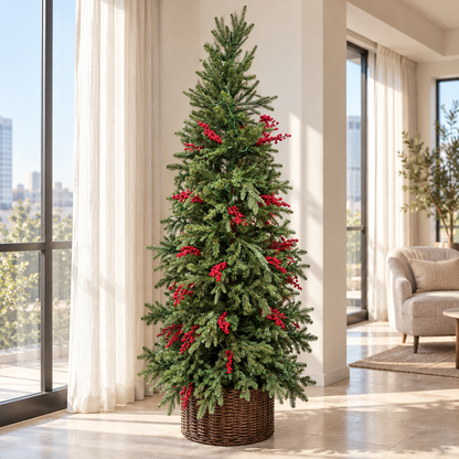 7ft Slim LED Christmas Tree with Red Berries & Wicker Basket – additional product view 4