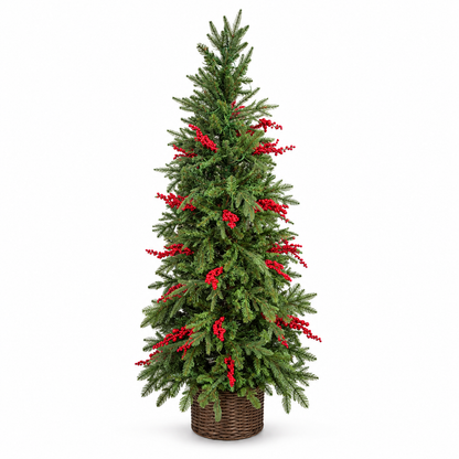 7ft Slim LED Christmas Tree with Red Berries & Wicker Basket – front view on white background