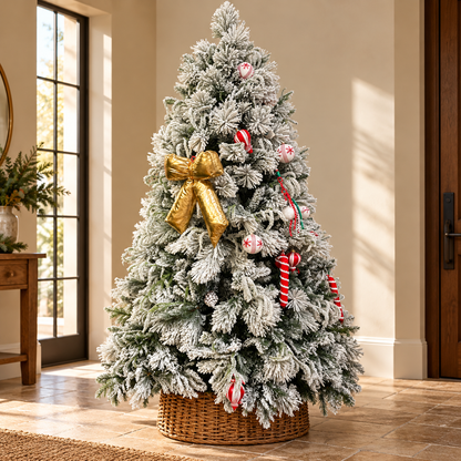 7ft Snow-Flocked Decorated Christmas Tree with Gold Bow & Wicker Basket – additional product view 2
