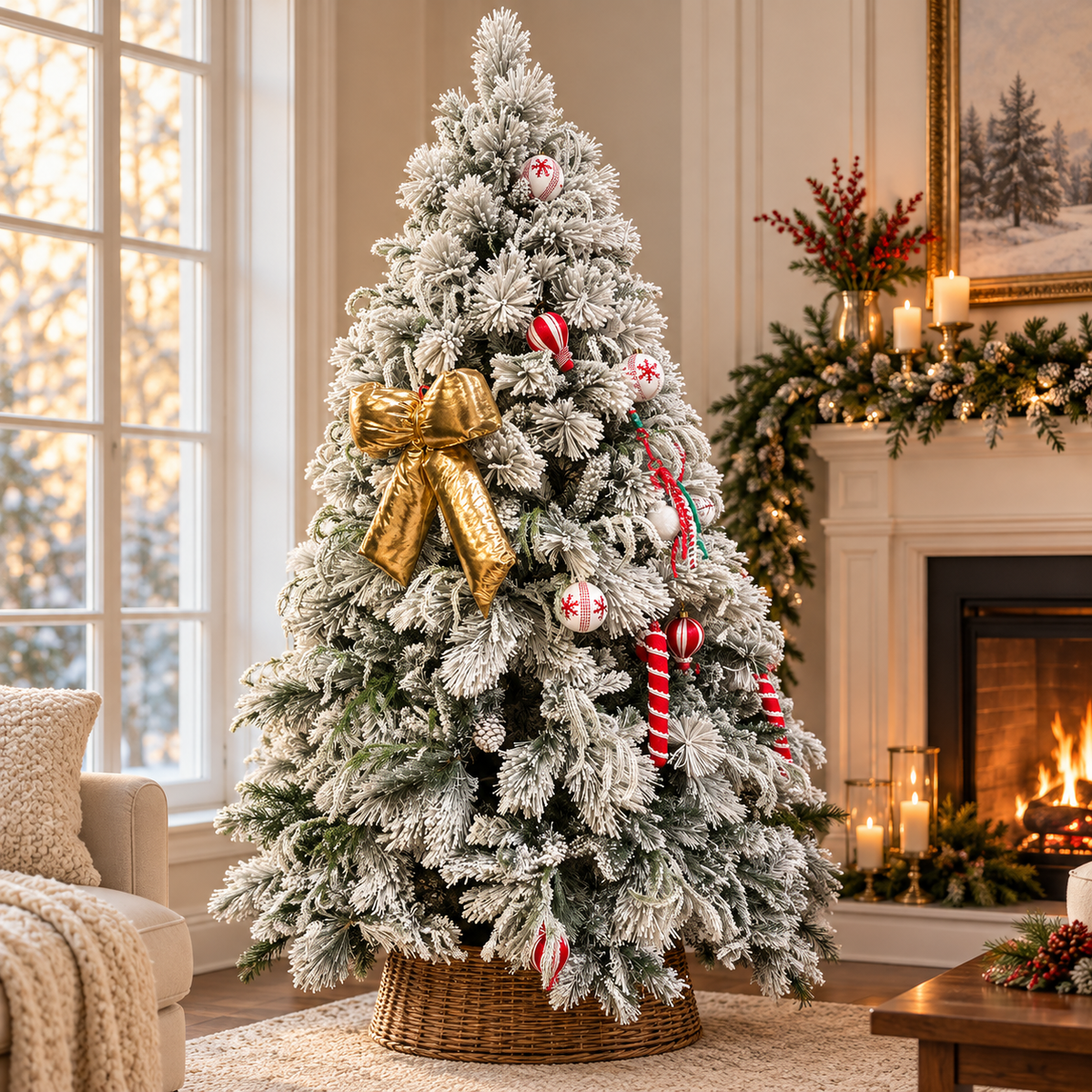 7ft Snow-Flocked Decorated Christmas Tree with Gold Bow & Wicker Basket – additional product view 3