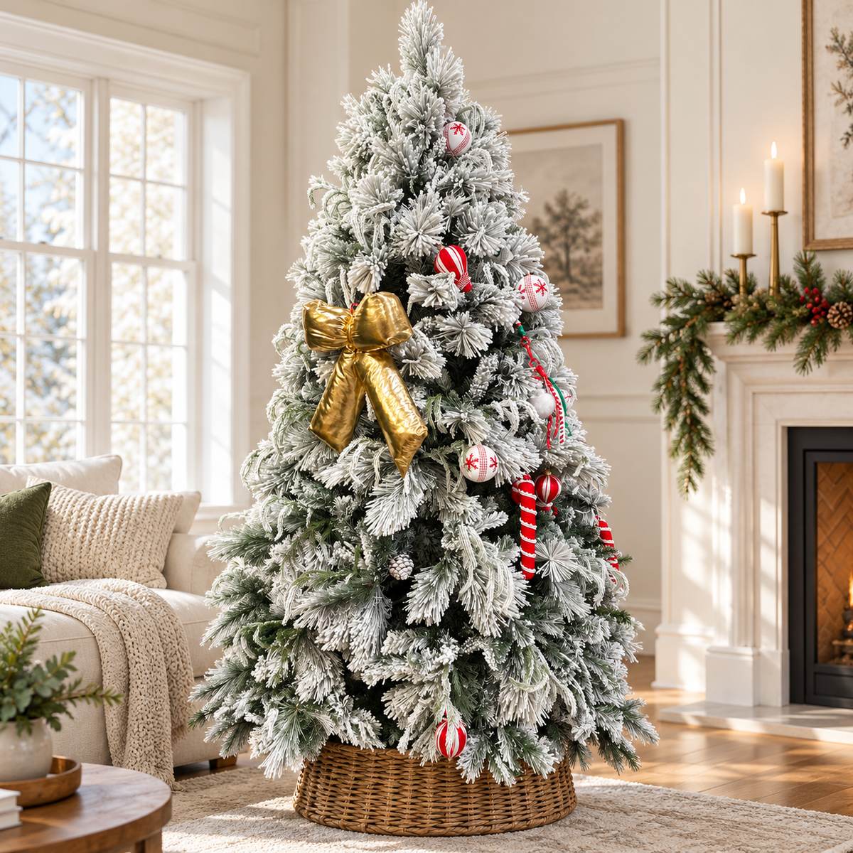 7ft Snow-Flocked Decorated Christmas Tree with Gold Bow & Wicker Basket – additional product view 4